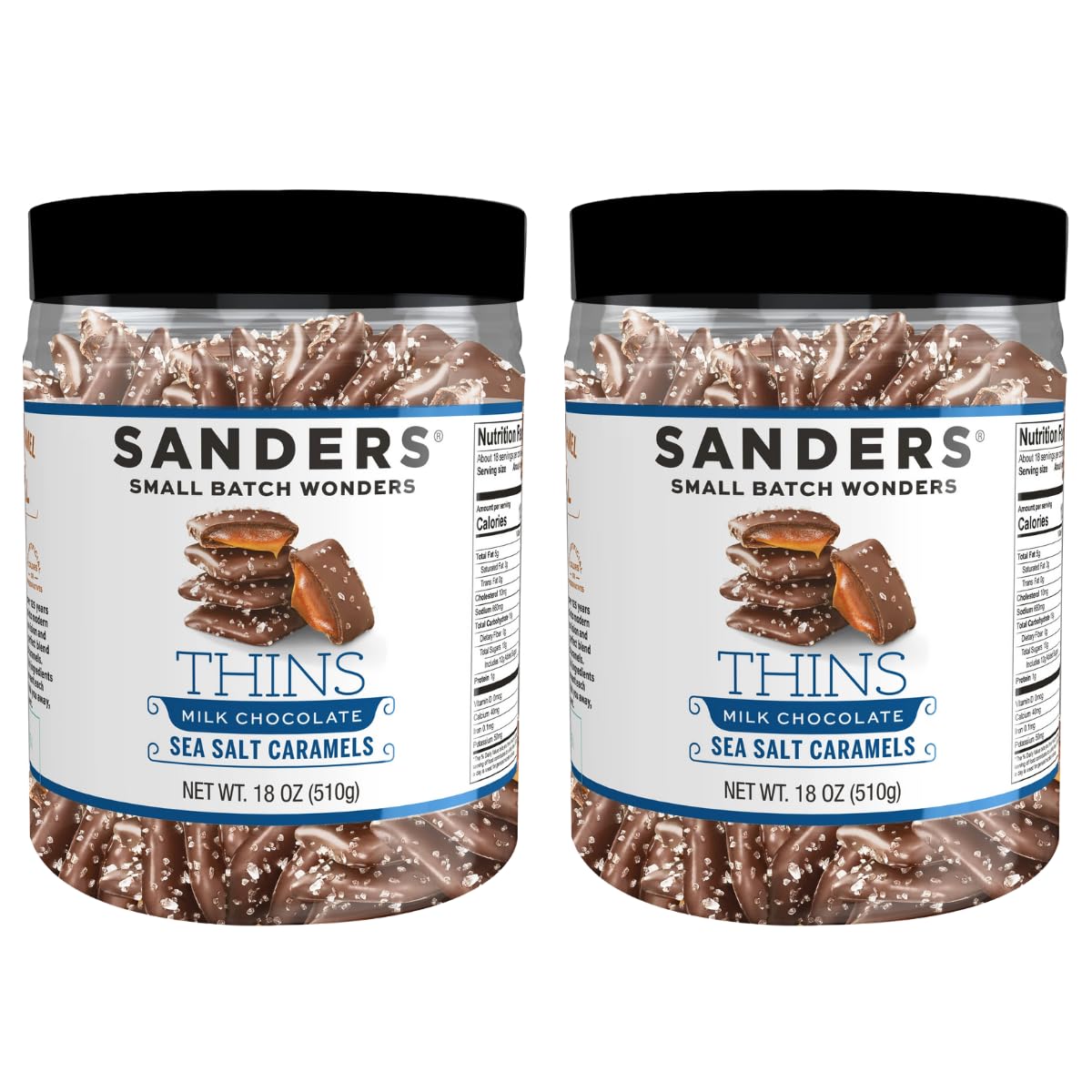 Sanders Milk Chocolate Sea Salt Caramel Thins tub front highlighting premium packaging and on-the-go snacking.