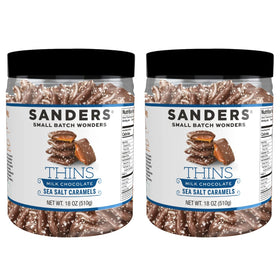 Sanders Milk Chocolate Sea Salt Caramel Thins tub front highlighting premium packaging and on-the-go snacking.