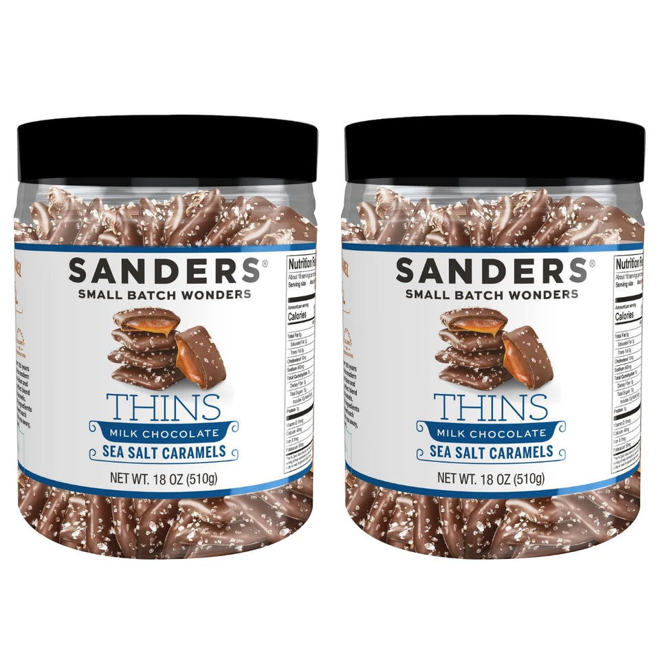 Sanders Milk Chocolate Sea Salt Caramel Thins tub front highlighting premium packaging and on-the-go snacking.