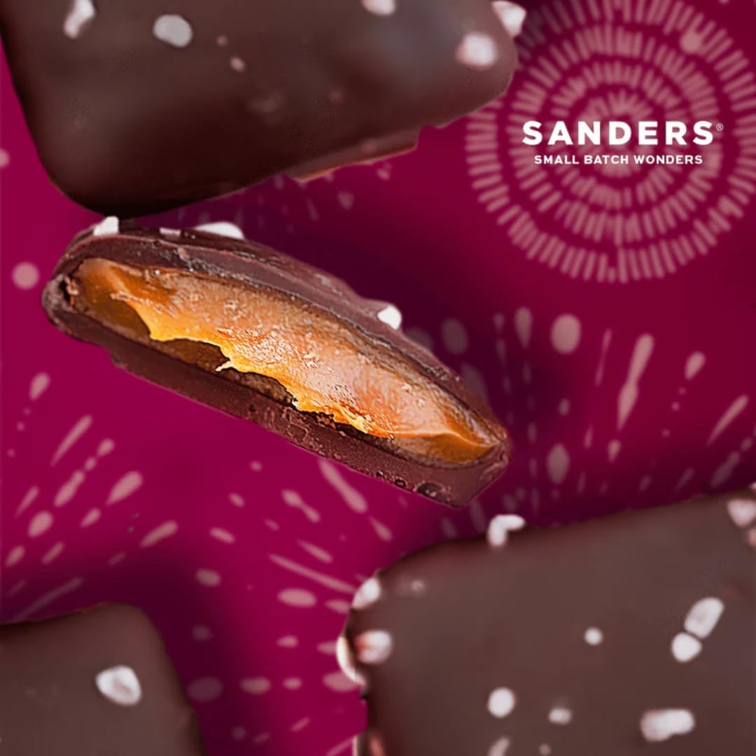 Sanders Thins Sea Salt Caramels tub with resealable lid keeps freshness
