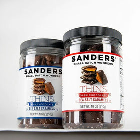 Sander Thins Sea Salt Caramels tub close-up for gifting and sharing