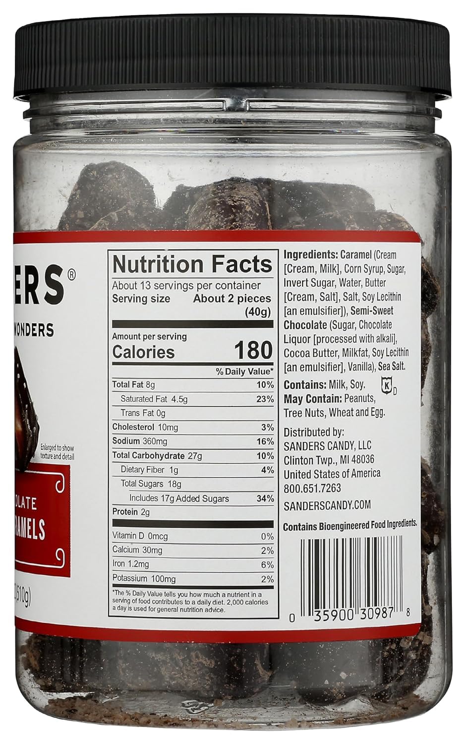 Sanders Thins Sea Salt Caramels tub open, convenient snack option