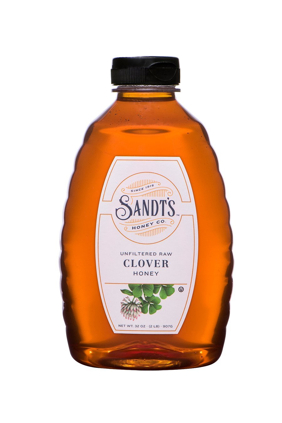 Sandt's Clover Honey jar front view, pure unfiltered flavor ideal for tea sweetness