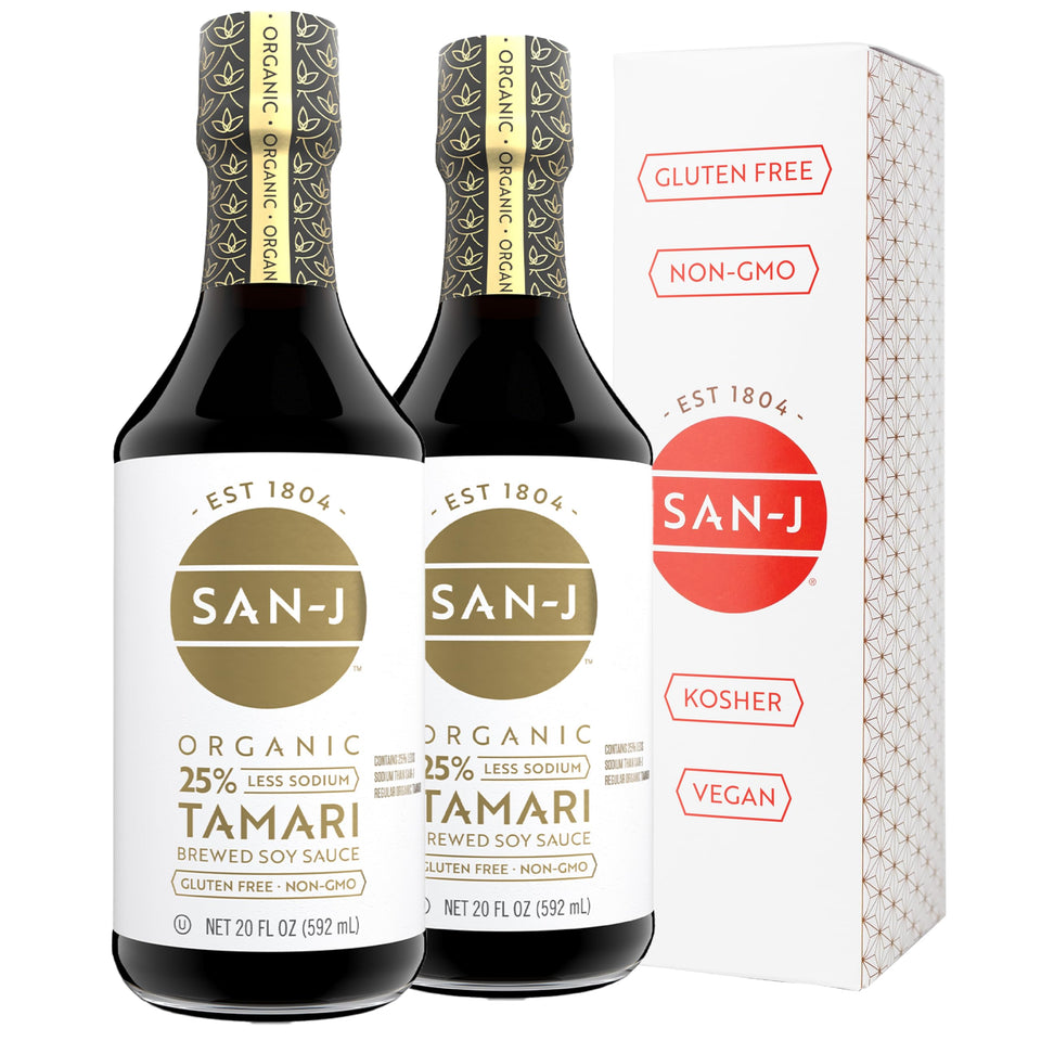 San-J Organic Tamari gluten-free bottle front showing gluten-free label and rich color