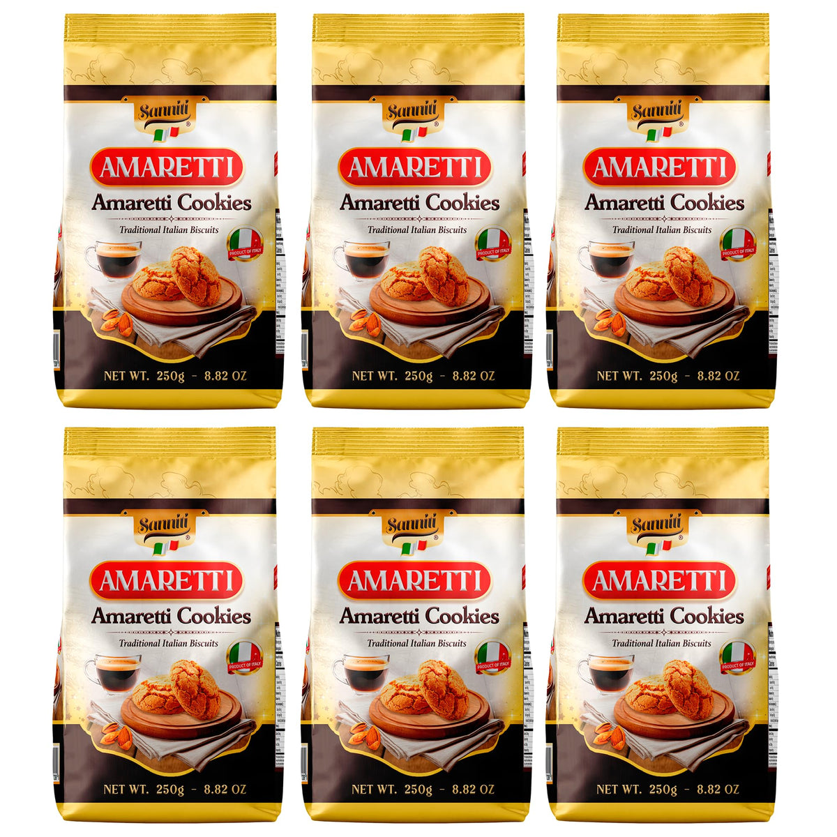 Sanniti Amaretti pack front showing authentic Italian cookies for coffee breaks