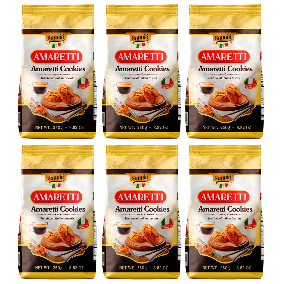 Sanniti Amaretti pack front showing authentic Italian cookies for coffee breaks