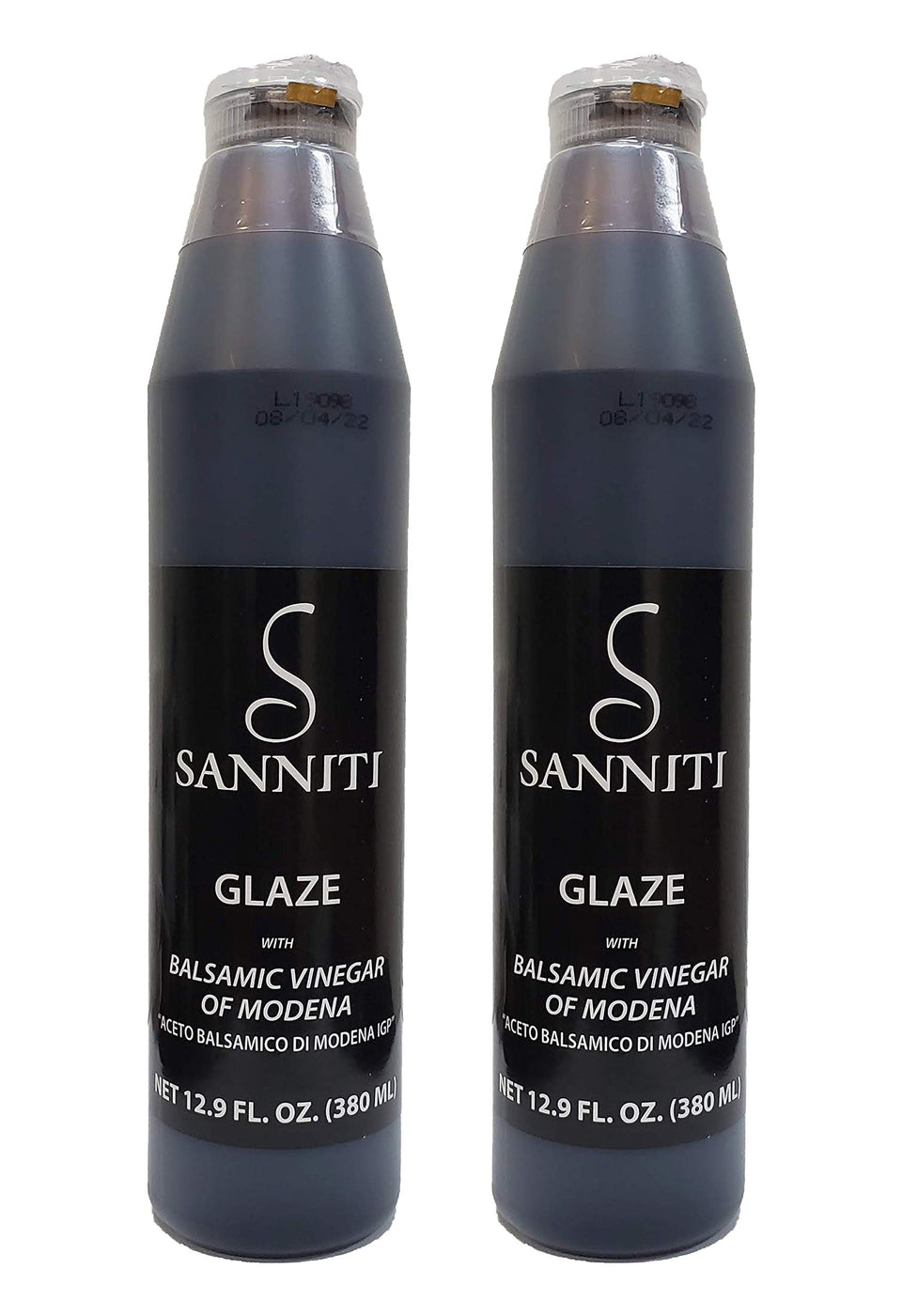 Sanniti balsamic glaze bottle closeup showing deep caramel color for finishing dishes.