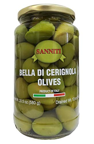 Sanniti Bella di Cerignola olives jar shows plump green olives ideal for a crowd-pleasing charcuterie board.