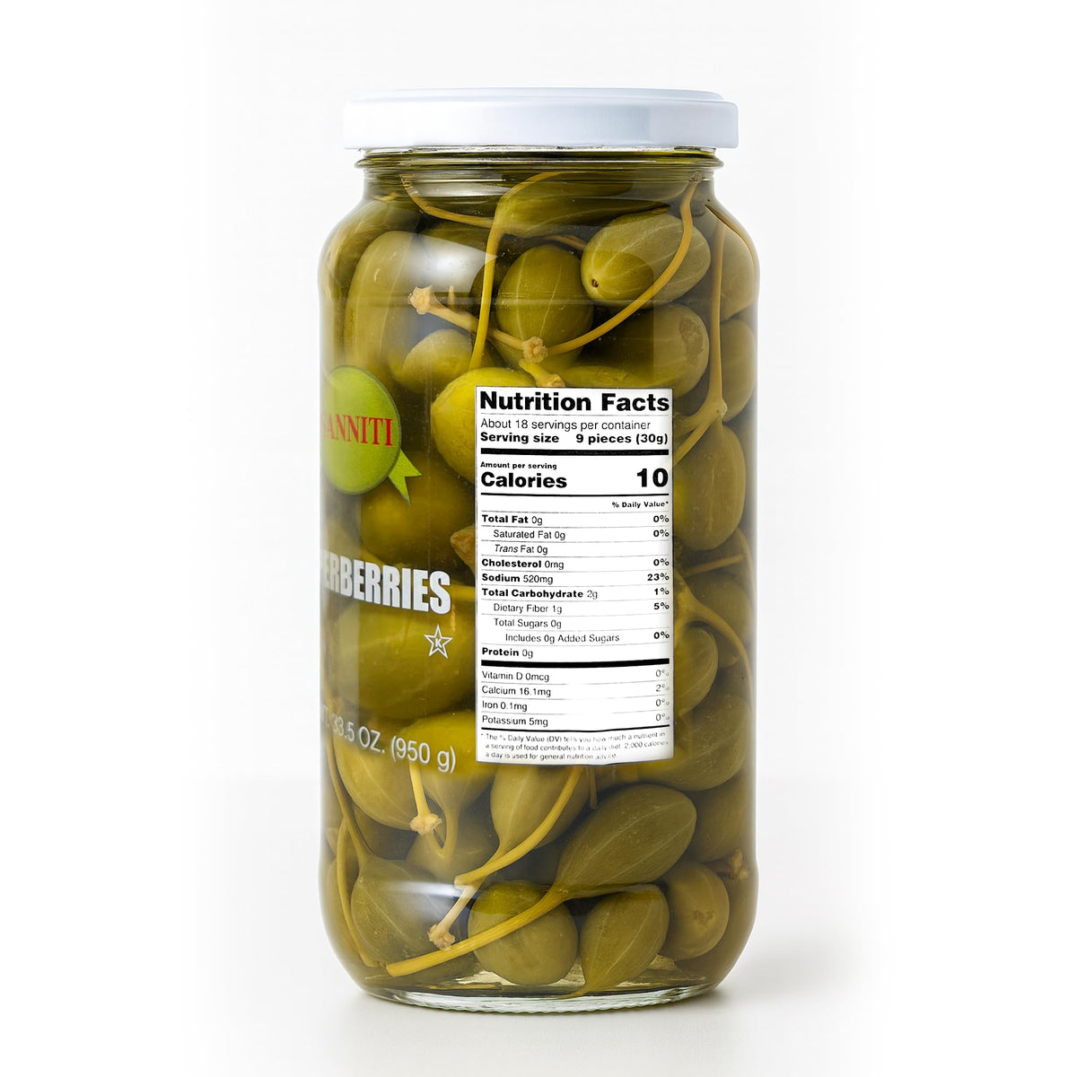 Sanniti caperberries brine glass emphasizes tang and savory bite for snacks