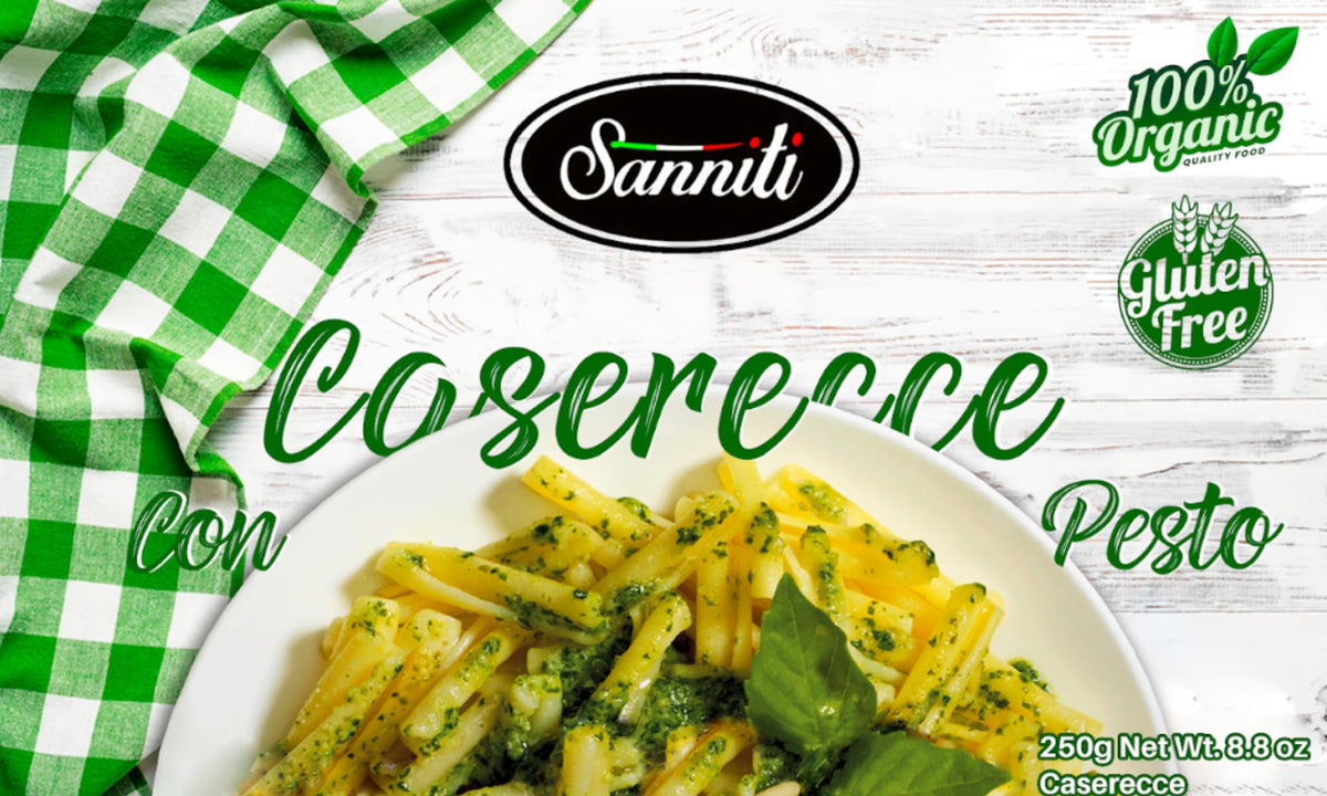 Sanniti Caserecce ready-to-cook pasta image, made with corn and rice for gluten-free texture.