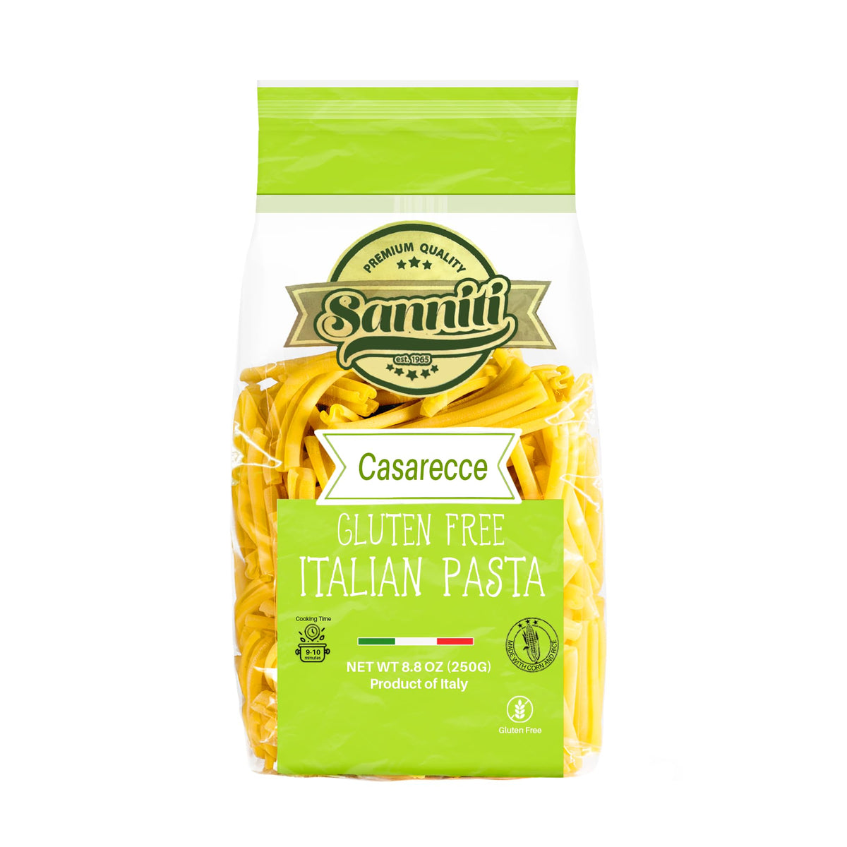 Sanniti Caserecce uncooked pasta bundle, suitable for vegan and kosher diets.