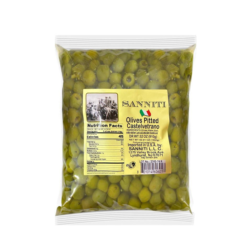 Sanniti Castelvetrano Green Olives in a resealable bag for fresh snacking.