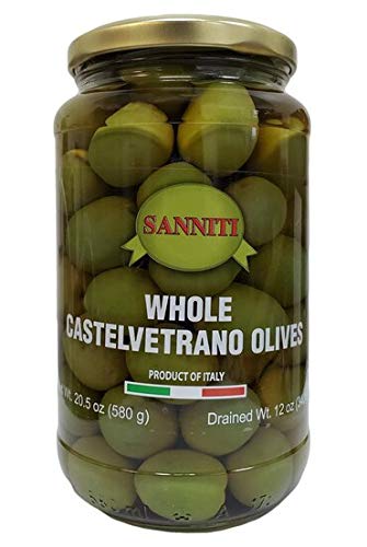 Sanniti Castelvetrano olives jar front label shows Italian origin and premium quality.