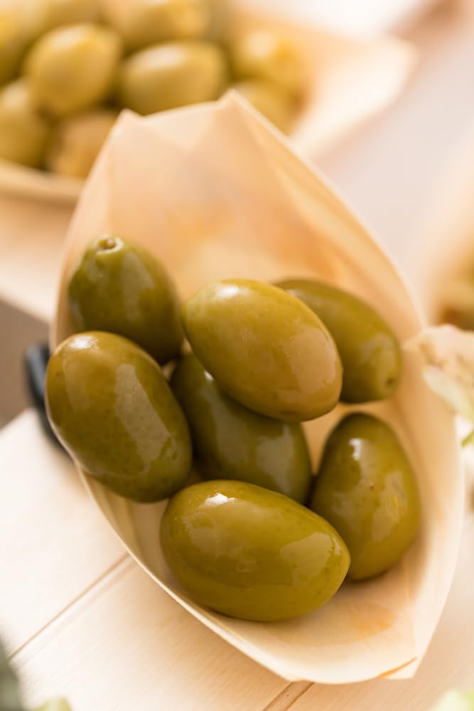 Sanniti Cerignola olives snack time image shows convenient, tasty green olives.