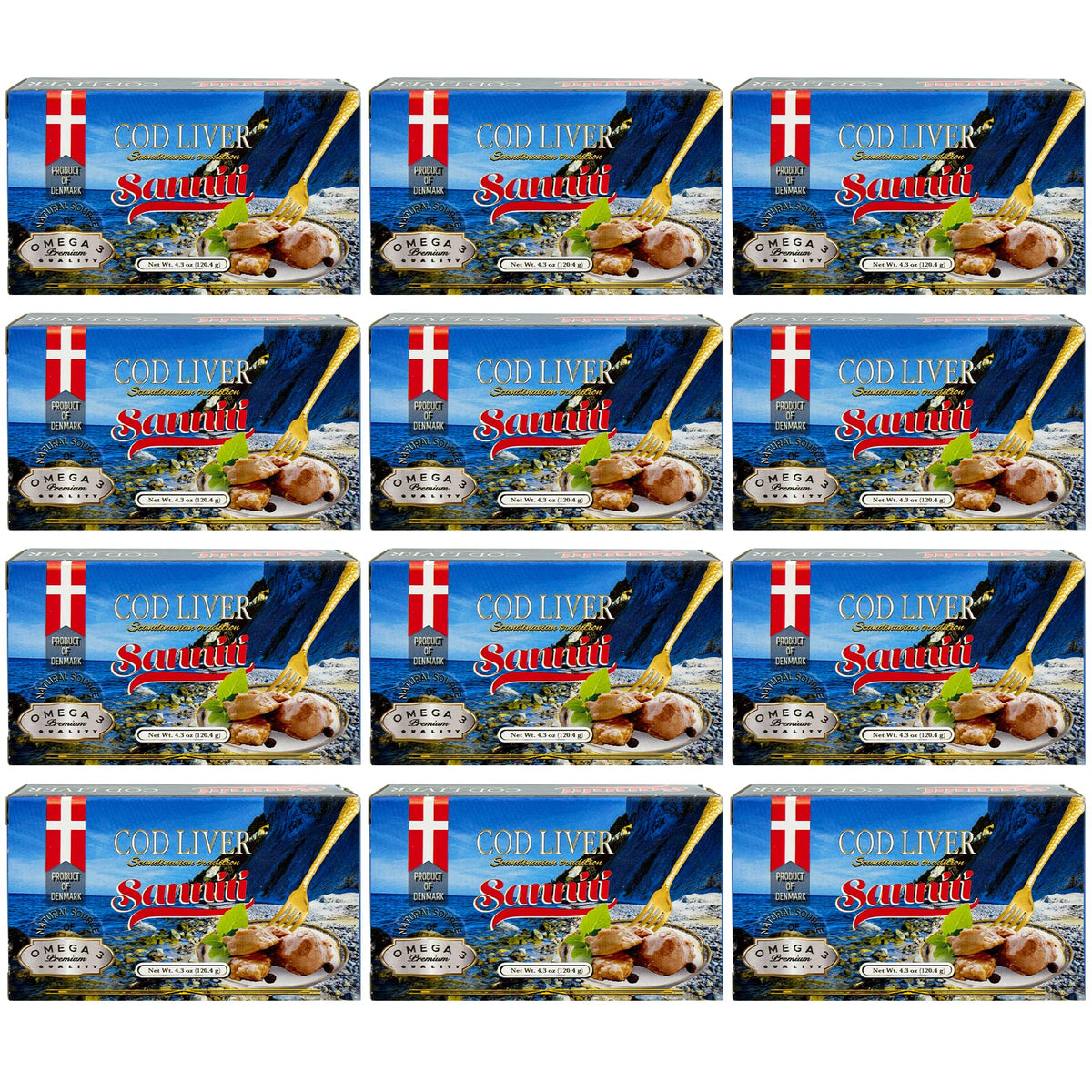 Sanniti Cod Liver Scandinavian pack-12 on display, a convenient pantry staple for quick canapés.