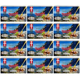 Sanniti Cod Liver Scandinavian pack-12 on display, a convenient pantry staple for quick canapés.