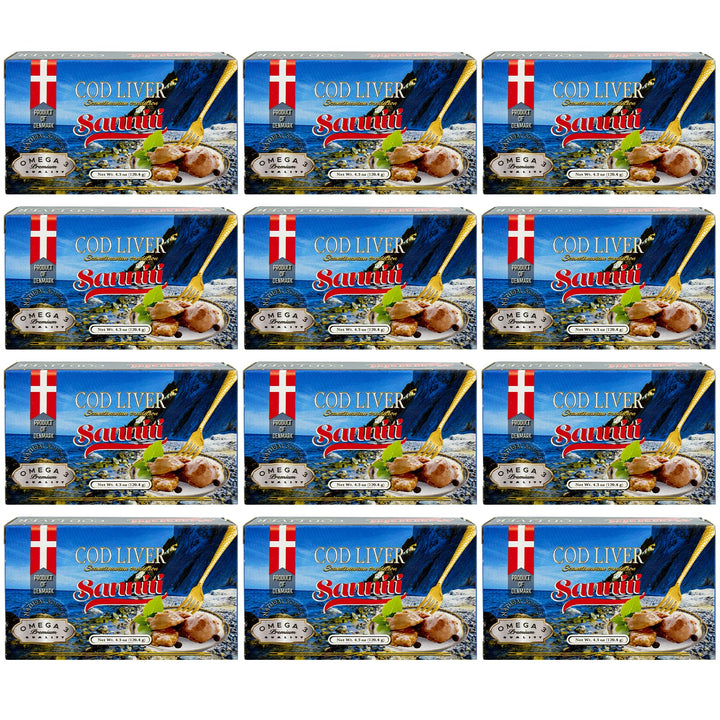 Sanniti Cod Liver Scandinavian pack-12 on display, a convenient pantry staple for quick canapés.