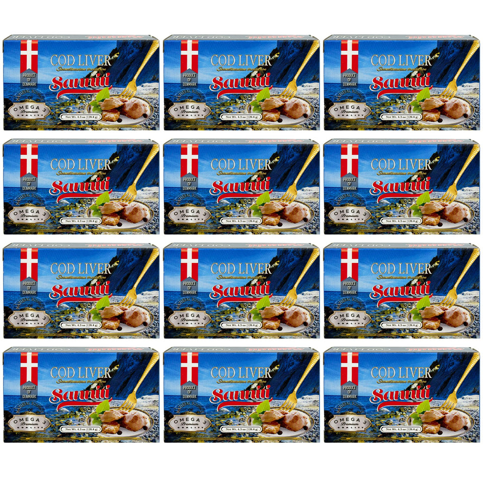 Sanniti Cod Liver Scandinavian pack-12 on display, a convenient pantry staple for quick canapés.
