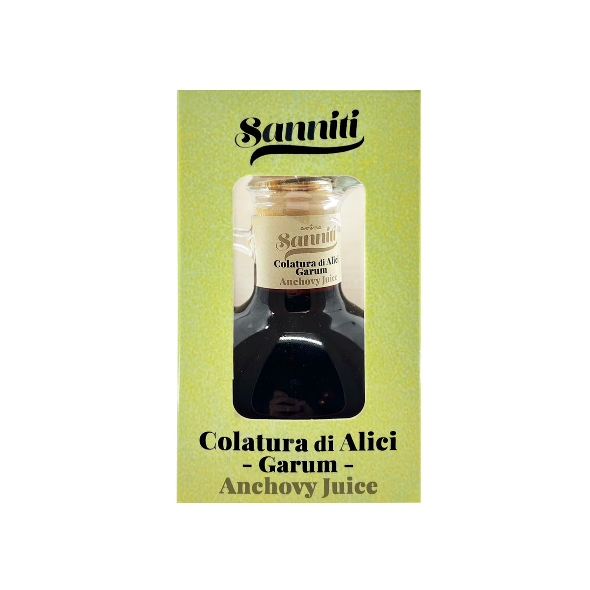 Sanniti Colatura label close-up shows authentic Italian garum heritage