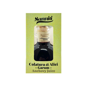 Sanniti Colatura label close-up shows authentic Italian garum heritage