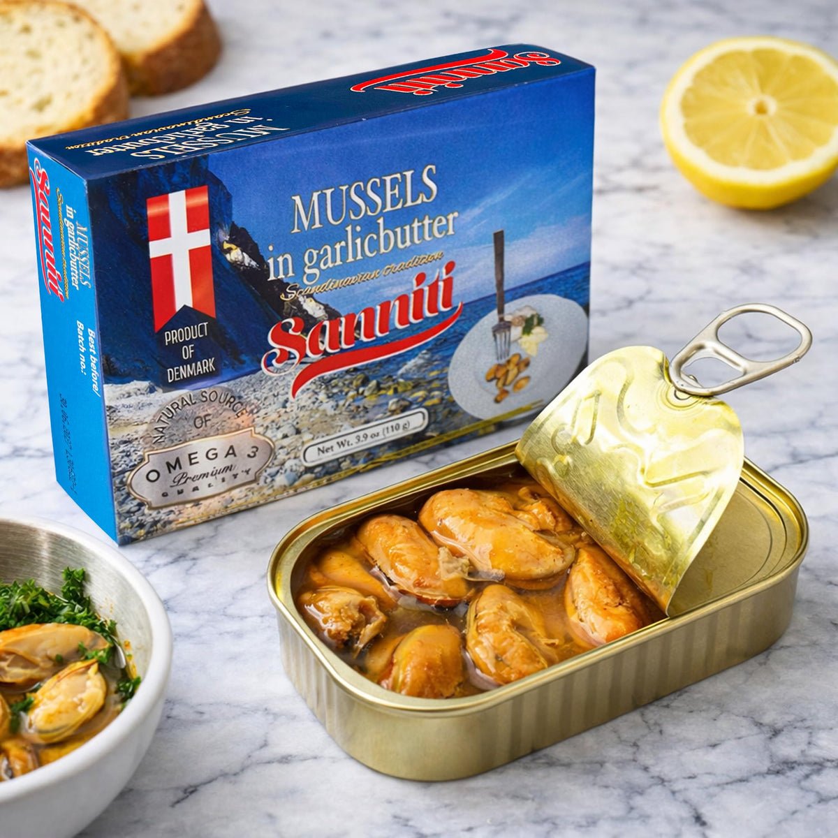 Sanniti mussels sourced in Denmark for authentic northern seafood flavor.