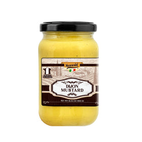 Sanniti Dijon Mustard jar closeup highlights rich color and velvety texture