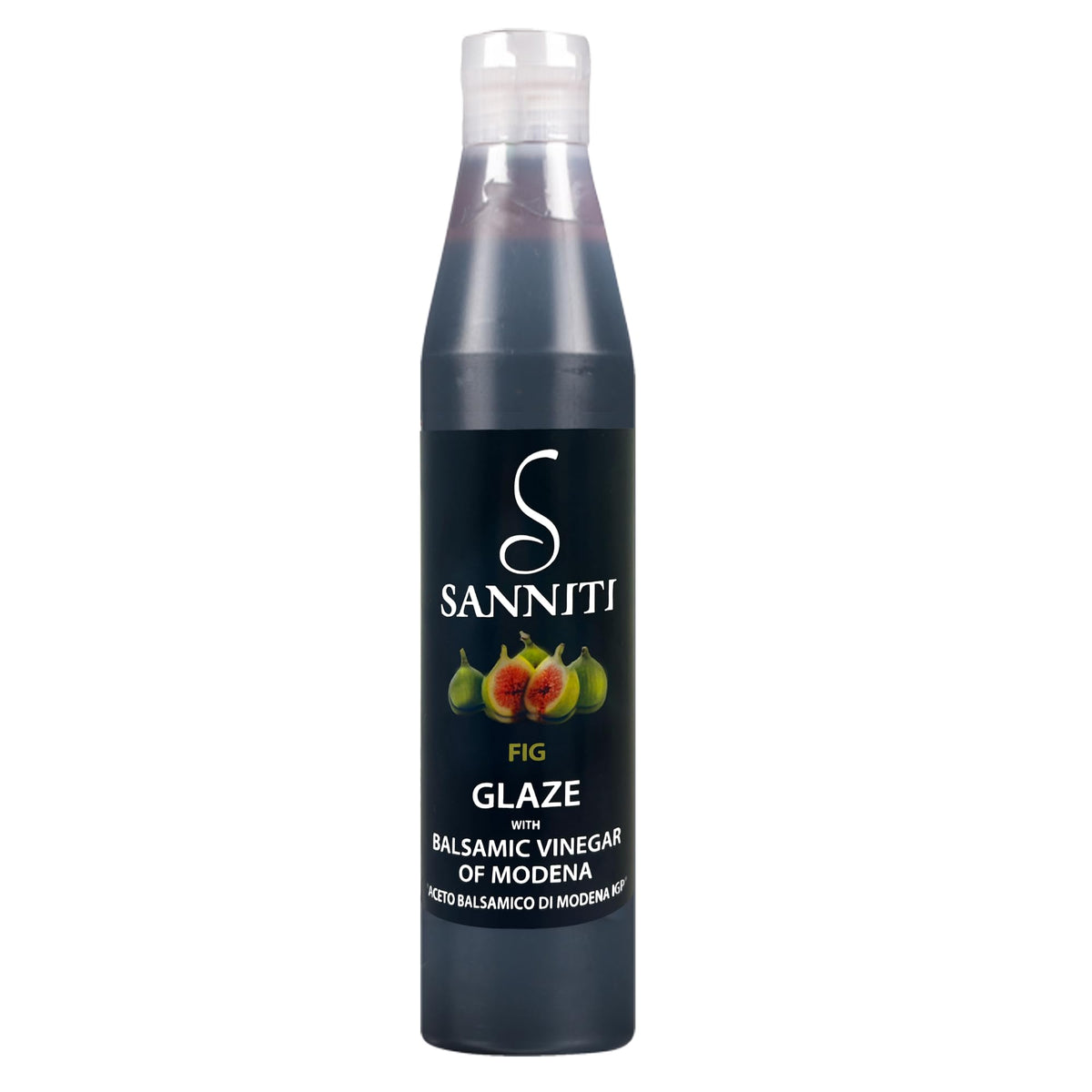 Sanniti Fig Glaze bottle pour for drizzle-ready gourmet meals.