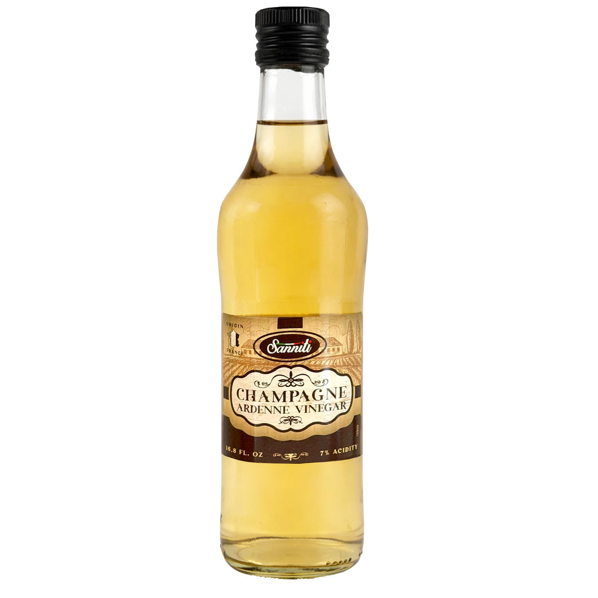 Sanniti French Champagne Ardenne Vinegar bottle showcasing premium French craftsmanship and flavor