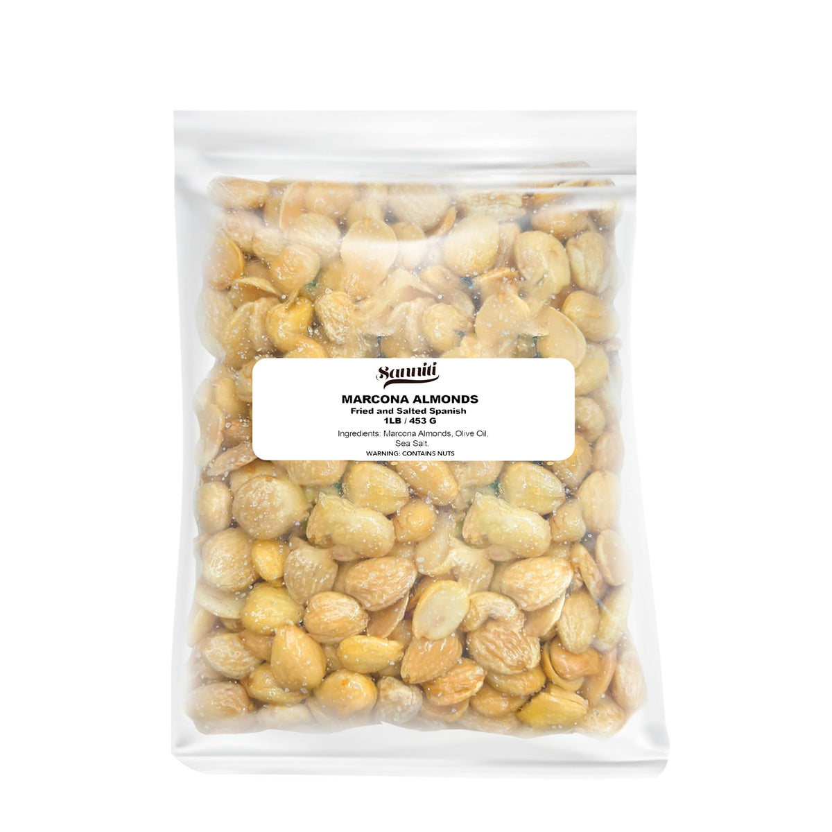 Sanniti fried and salted Spanish Marcona almonds in a bag for a satisfying on-the-go snack.