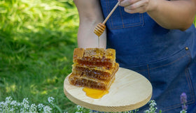Sanniti Fulmer honeycomb with fruit and cheese for upscale snacking.