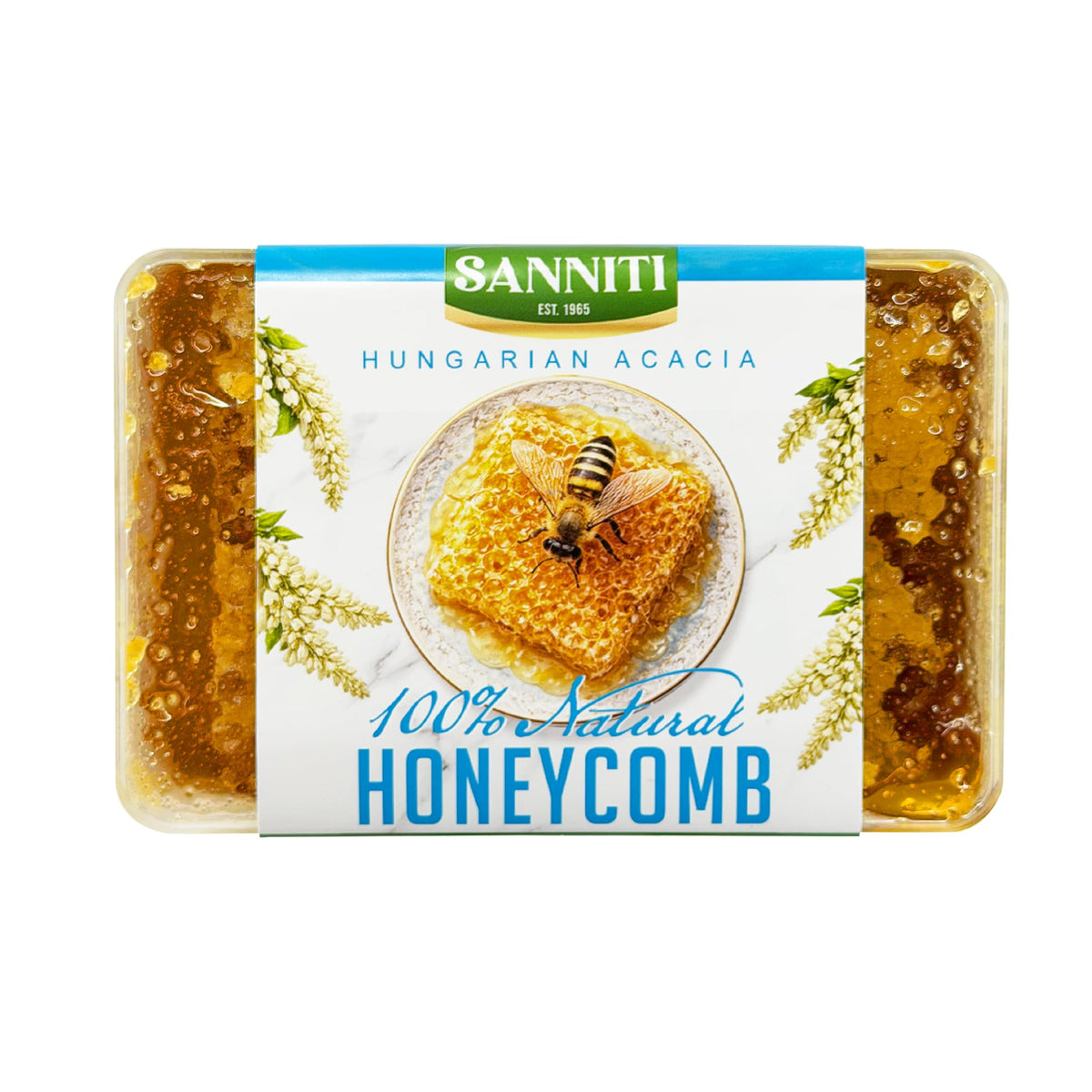 Sanniti Fulmer Hungarian Acacia honeycomb close-up, ideal for cheese boards.
