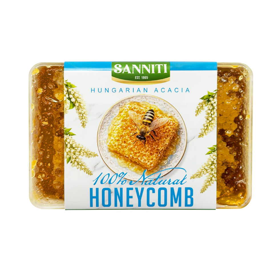 Sanniti Fulmer Hungarian Acacia honeycomb close-up, ideal for cheese boards.