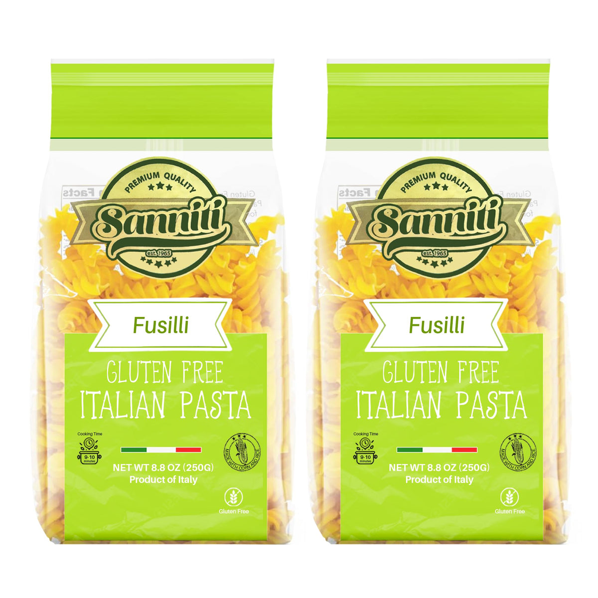 Sanniti gluten-free fusilli raw pasta made with corn and rice