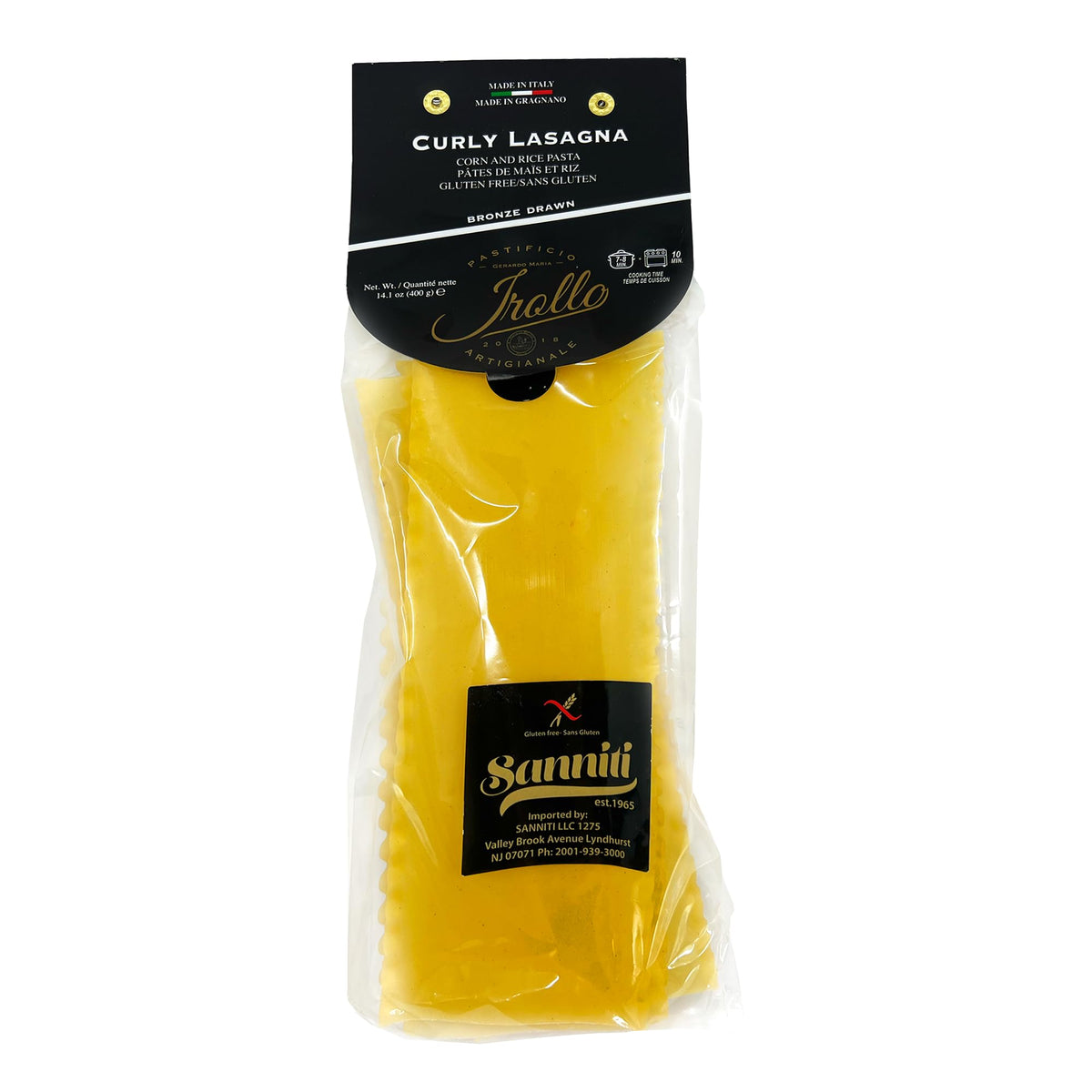 Sanniti gluten-free curly lasagna sheets with bronze-drawn edges for smooth sauce cling.