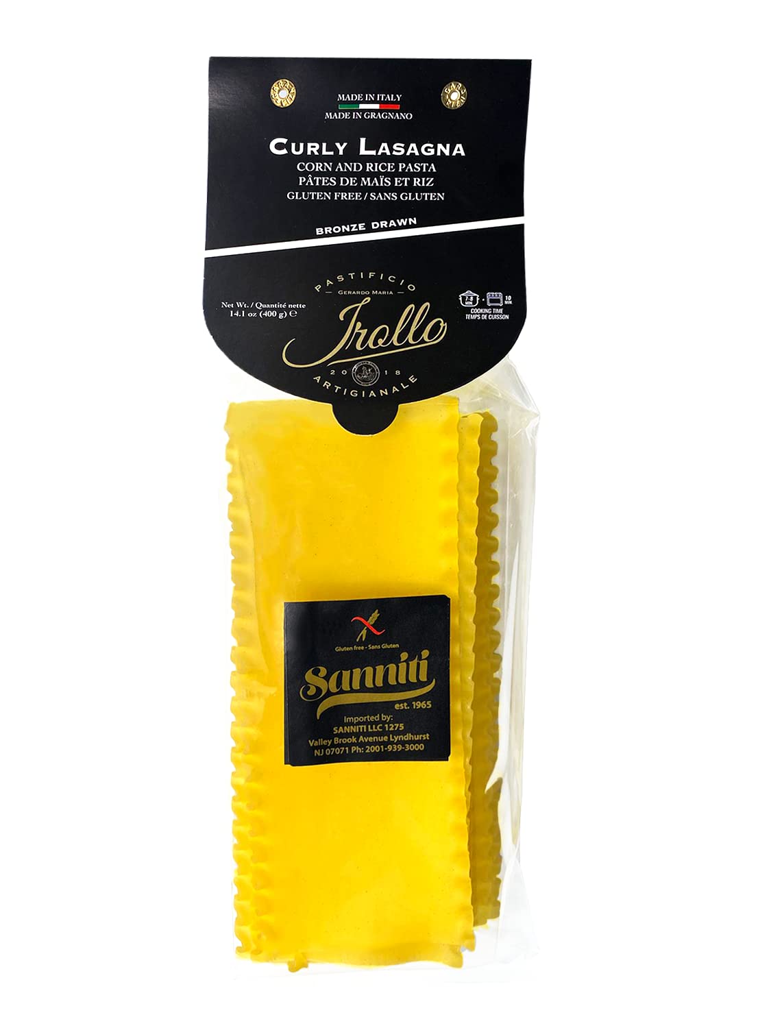 Sanniti gluten-free curly lasagna sheets, raw form ready to boil for crowd-pleasing lasagna.