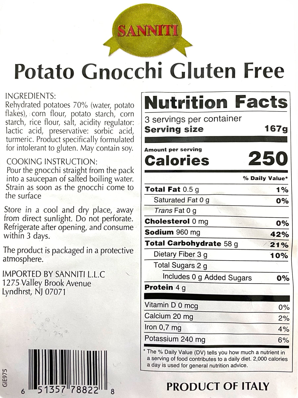Sanniti gnocchi potato ingredients label for gluten-free cooking.