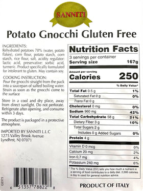 Sanniti gnocchi potato ingredients label for gluten-free cooking.