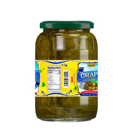 Sanniti Grape Leaves in Brine close-up of tender leaves, perfect for wraps.