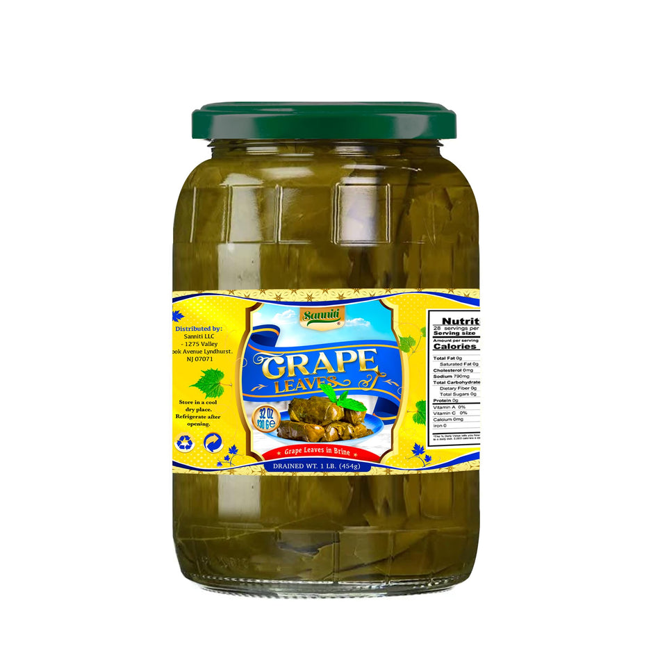 Sanniti Grape Leaves in Brine glossy leaves in jar, ideal for stuffing dolmas.