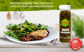 Sanniti green peppercorns in brine close-up with bright green peppercorns