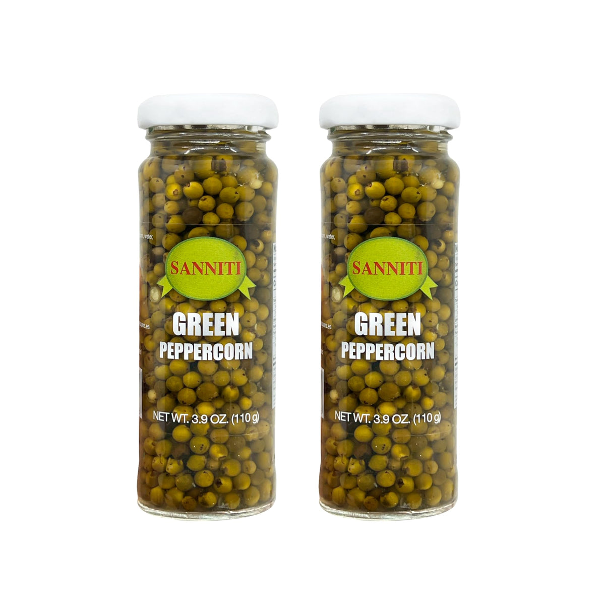 Sanniti green peppercorns in brine jar showing vibrant berries for sauces and meats