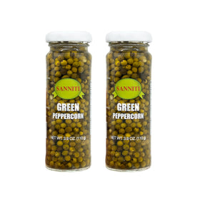 Sanniti green peppercorns in brine jar showing vibrant berries for sauces and meats