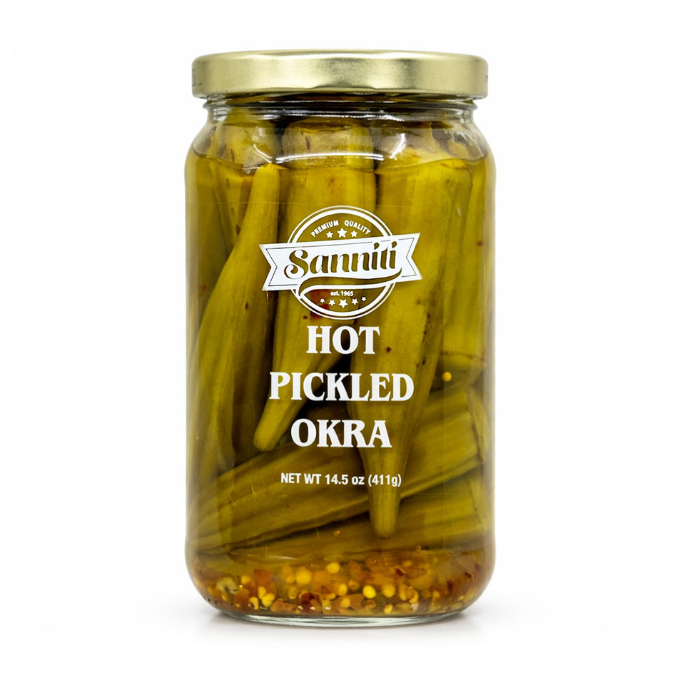 Sanniti hot pickled okra jar with crushed red pepper for fiery flavor.