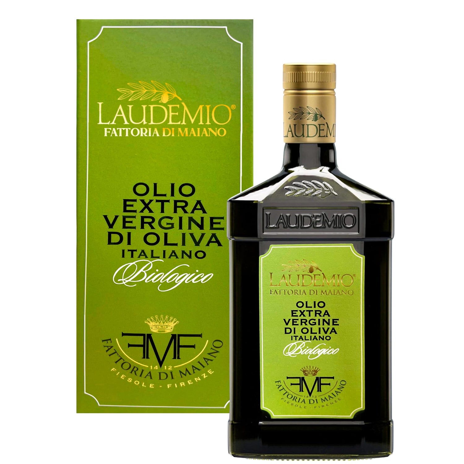 Sanniti Laudemio bottle close-up, premium organic extra virgin olive oil for finishing dishes.