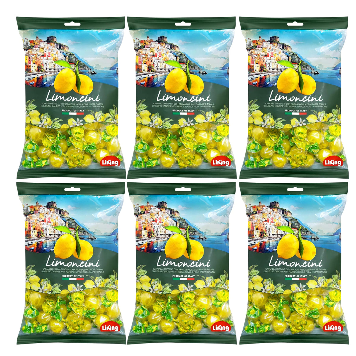 Sanniti Limoncini Frizzanti candies packaging showcases authentic Italian lemon flavor for on-the-go snacking.