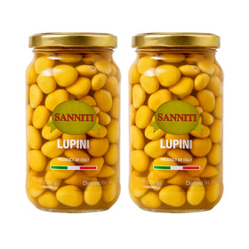 Sanniti Lupini Beans jar label signals Italian quality and quick, protein-rich snack