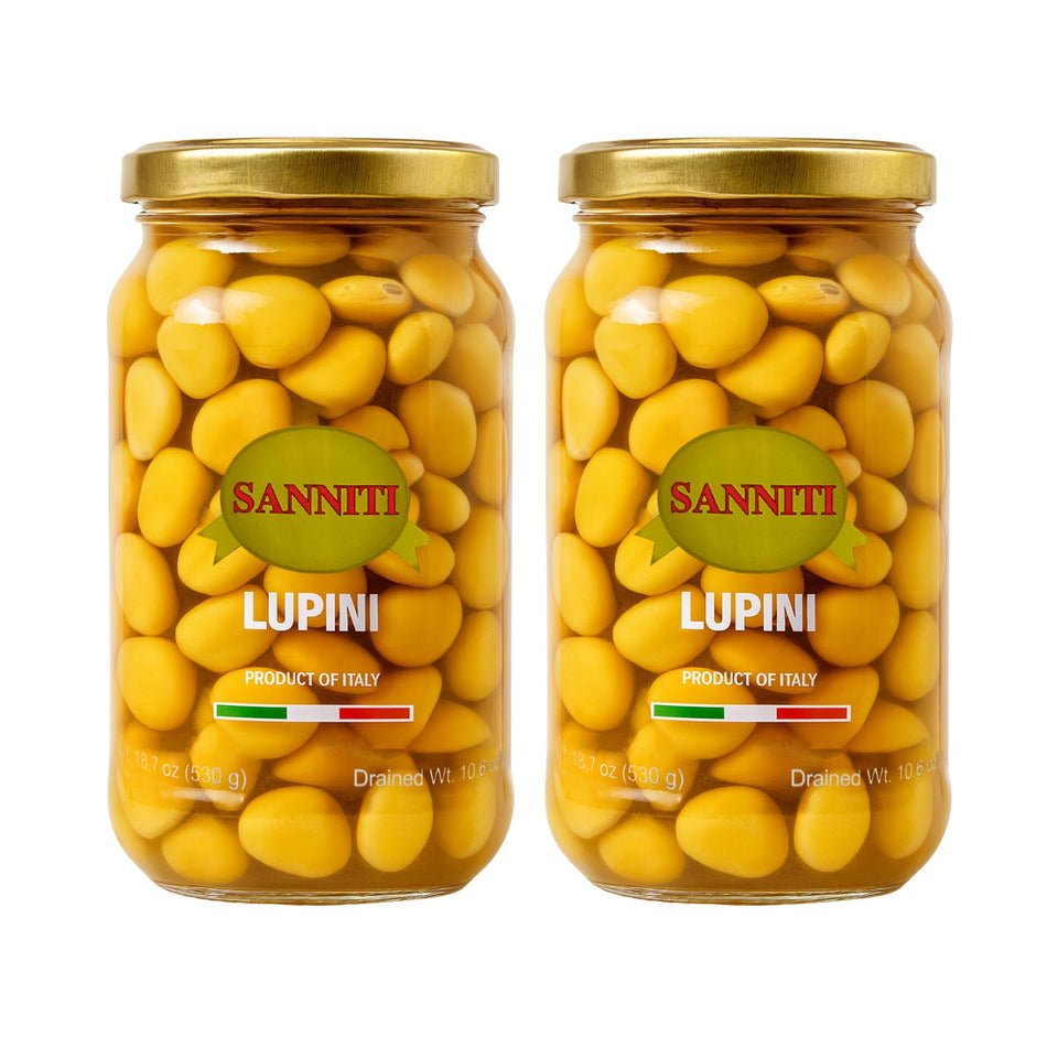 Sanniti Lupini Beans jar label signals Italian quality and quick, protein-rich snack