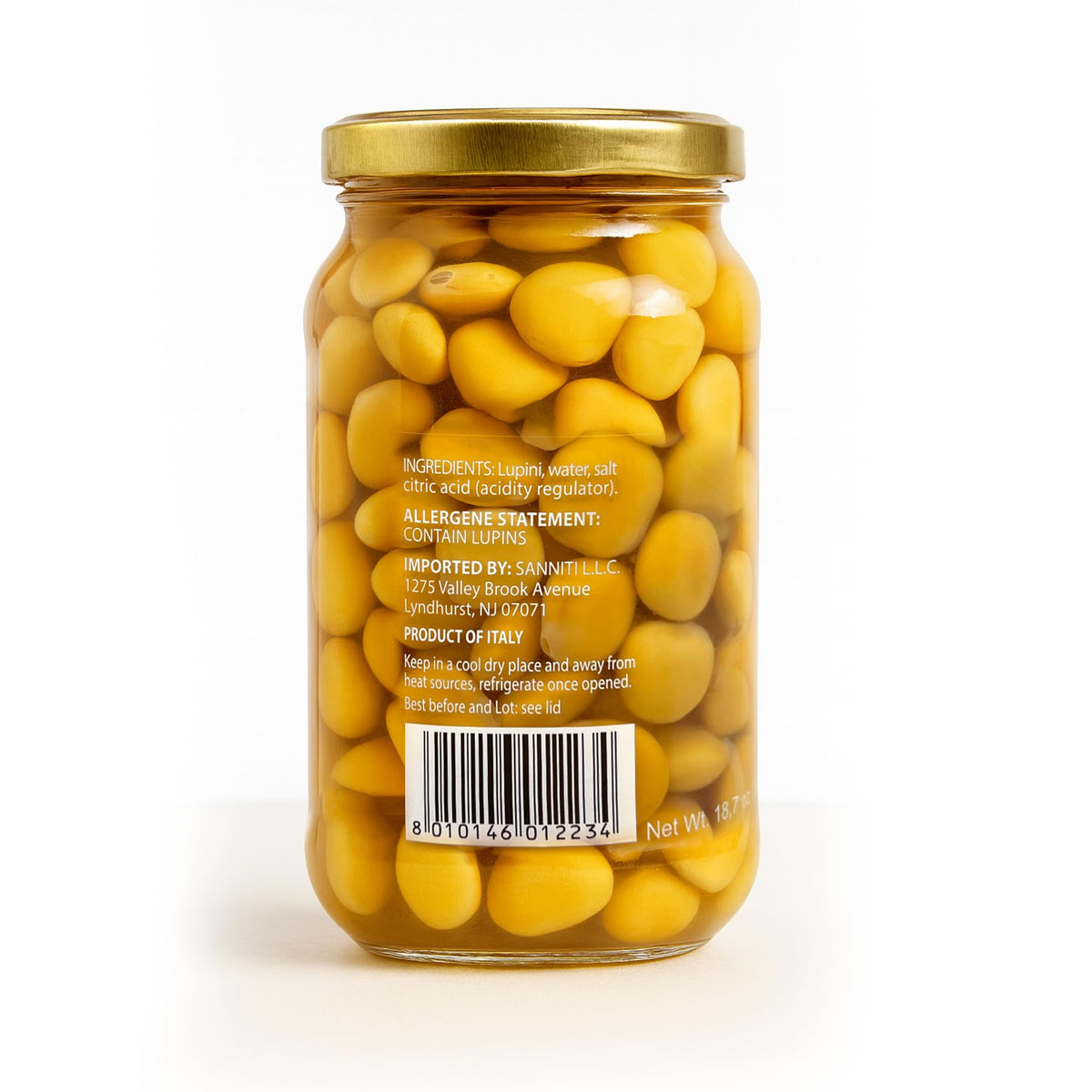 Sanniti Lupini Beans jar pour highlights briny mild flavor with protein potential