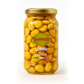 Sanniti lupini beans jar shows ready-to-eat Italian legumes for quick snacking.