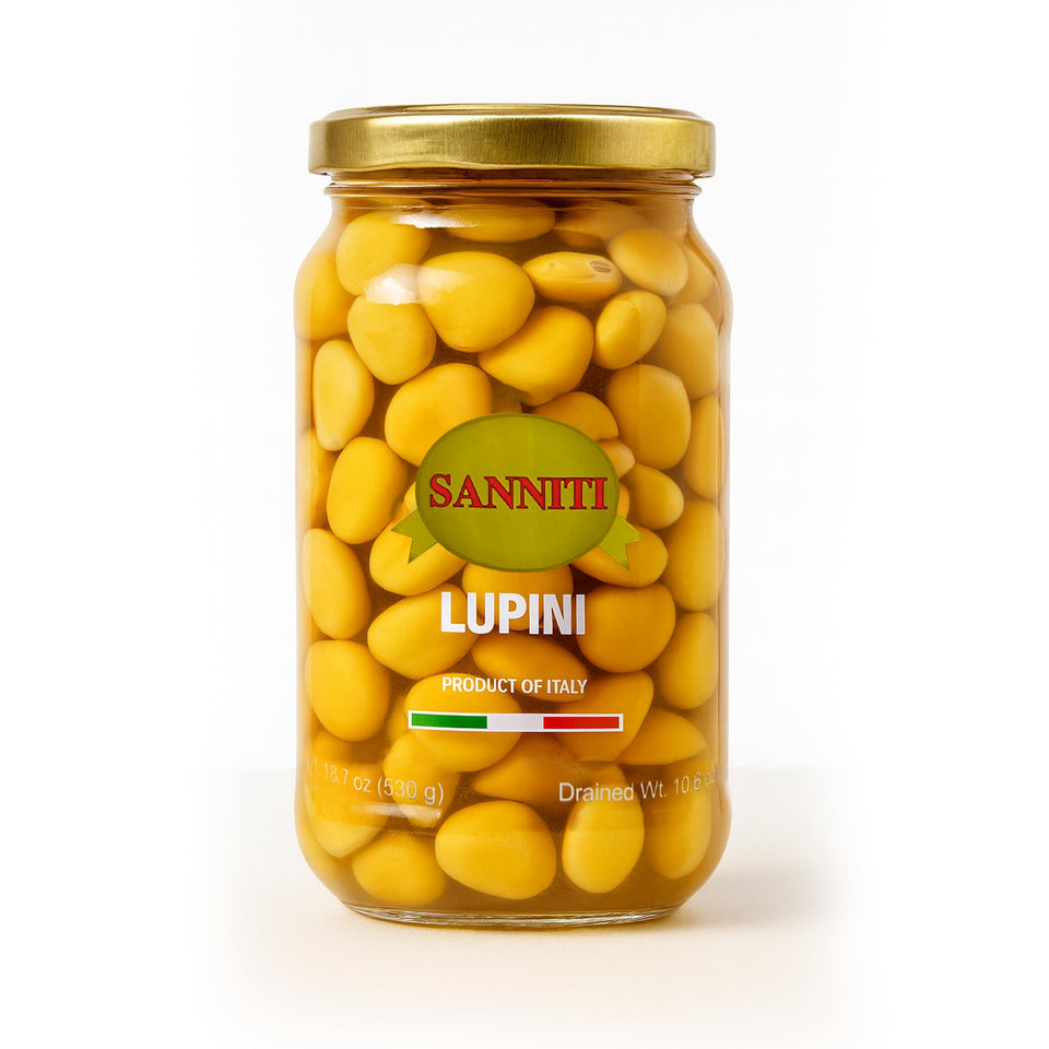Sanniti lupini beans jar shows ready-to-eat Italian legumes for quick snacking.
